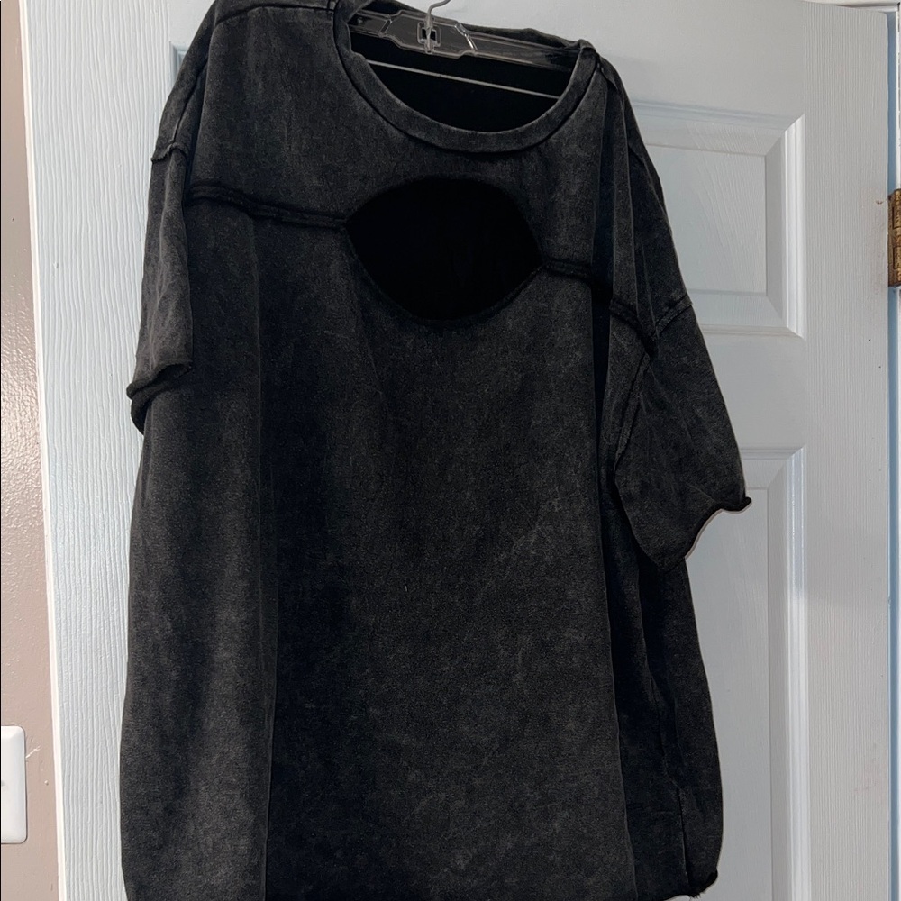 Black Mineral Wash Oversized Tee with Chest Cutout